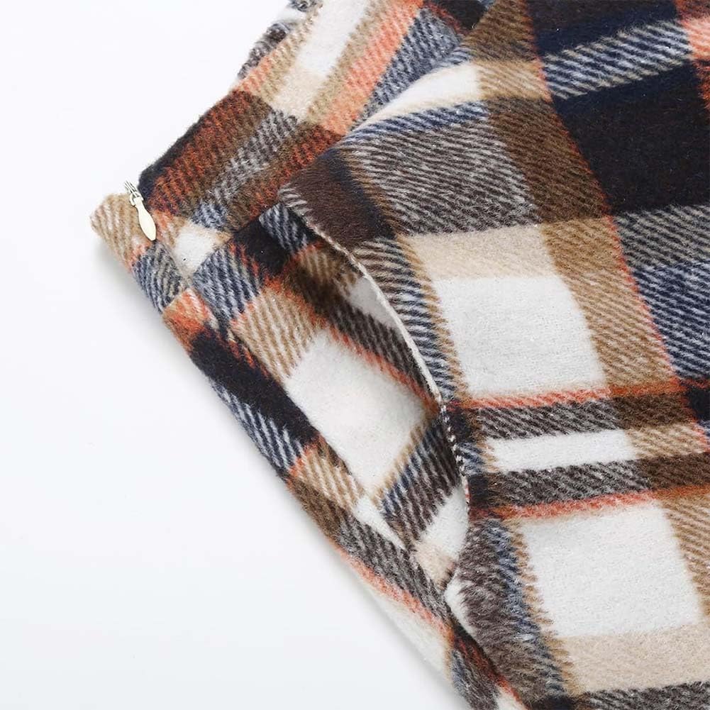 Women's Long Plaid Wool Skirt Fall High Elastic Waist Pleated Flared A-line Wool Winter Skirts - Image 5