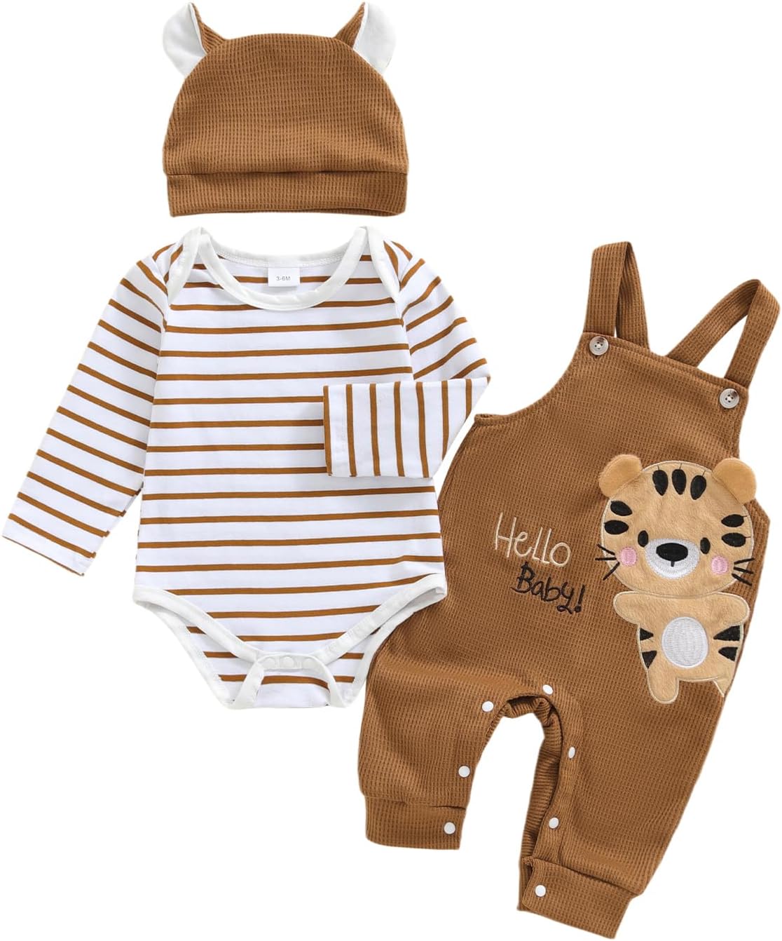 Nibbcoa Baby Boy Clothes Set Infant Striped Long Sleeve Bodysuit Top Animal Suspender Pants Hat Newborn 3Pcs Fall Outfit