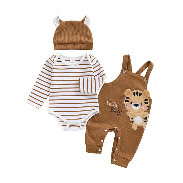 Baby Boy Clothes Cute Animal Suspenders outfit Striped Romper Animal Embroidery Overalls and Hat 3Pcs Set