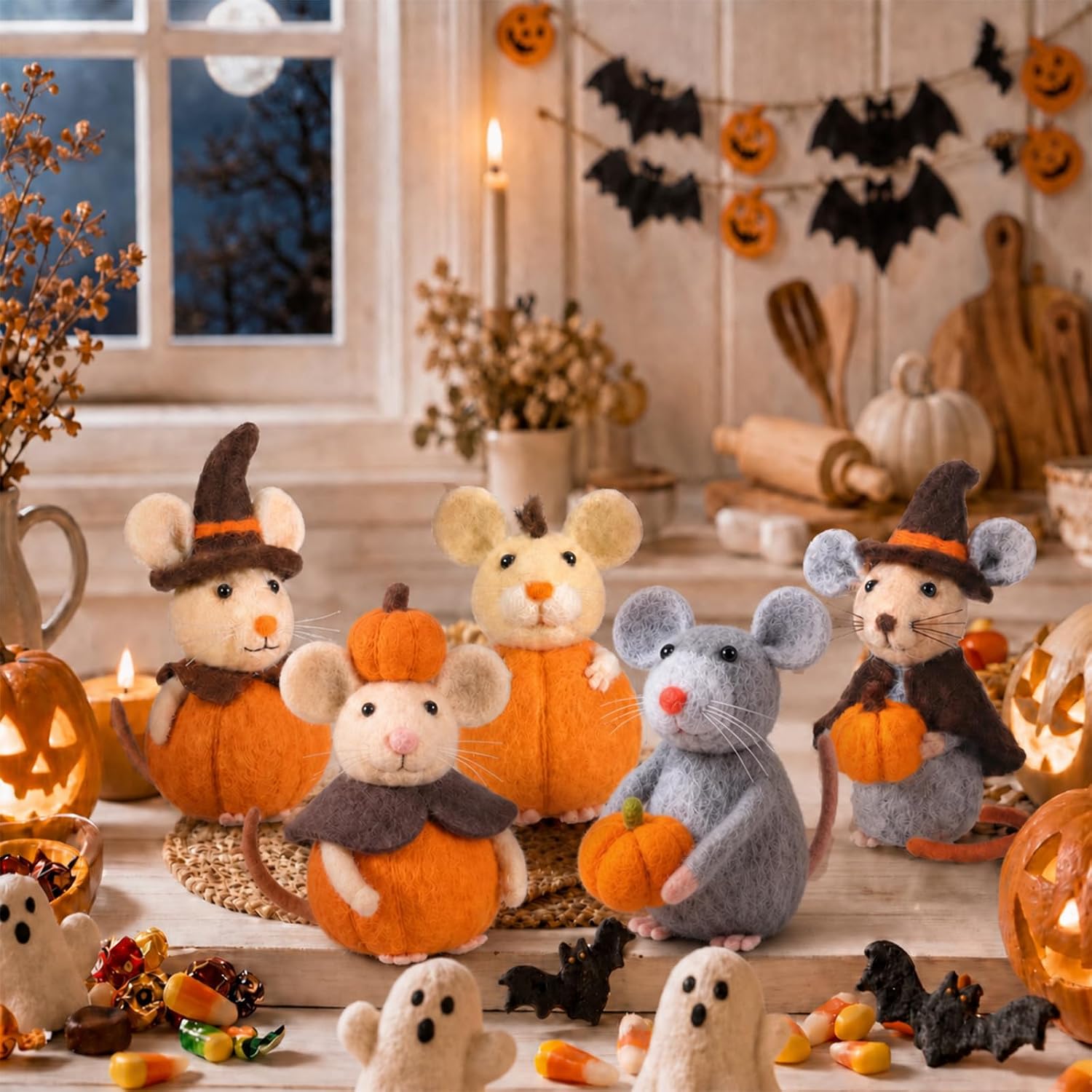 Fuutreo 5 Pack Halloween Felt Mice, 3 Inch Pumpkin Figurines for Fall Decor