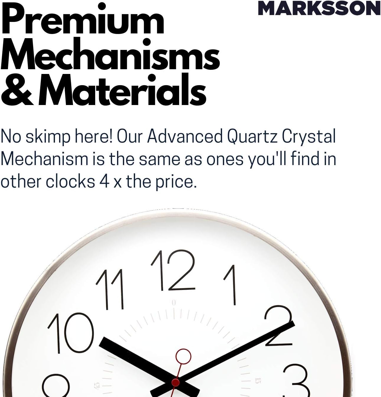 Marksson - Kinney's Battery Operated Wall Clock - 12 inch Round, Silent, Non-Ticking Clock - Quartz, Stainless Steel - Easy-to-Read for Home's Kitchen or Living Room, Office, School (White) : Home & Kitchen