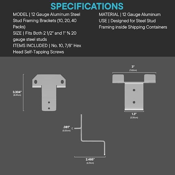 Steel Stud Framing Kit for Shipping Containers/Sea Cans - 2 Corner Casting Covers with Aluminum Steel Stud Brackets (10)
