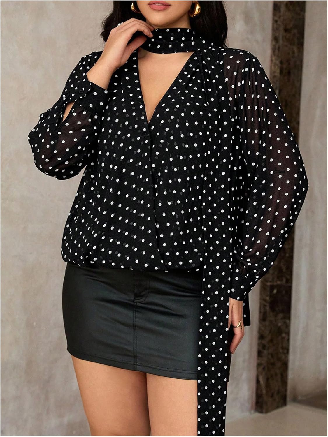 Women's Plus Size Polka Dots Blouse Deep V Sheer Blouse Chiffon Long Sleeve Shirt - Image 4
