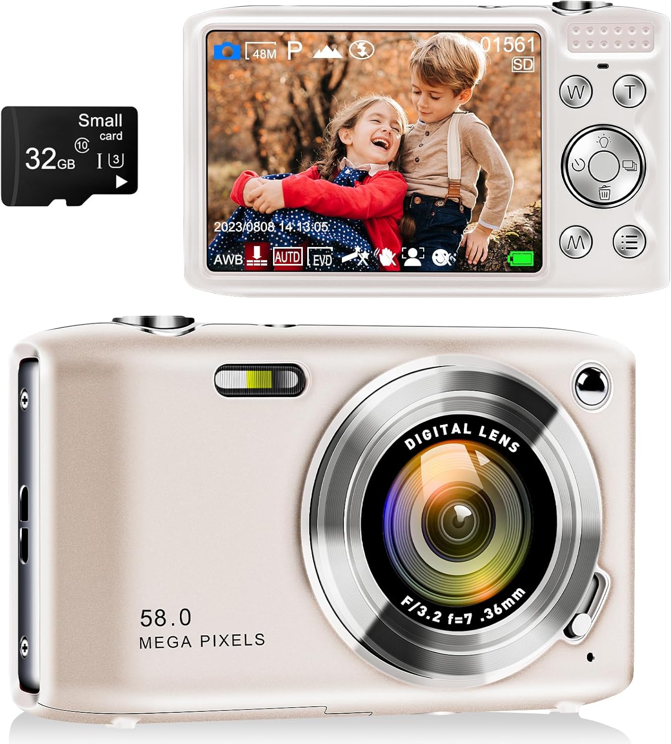Digital Camera, Autofocus UHD 58MP 4K Vlogging Camera, 16X Zoom Point and Shoot Camera for Photography, Vlogging Compact Camera for Teens Adult Beginner with 32GB SD Card, Flash, Anti-Shake, Gold