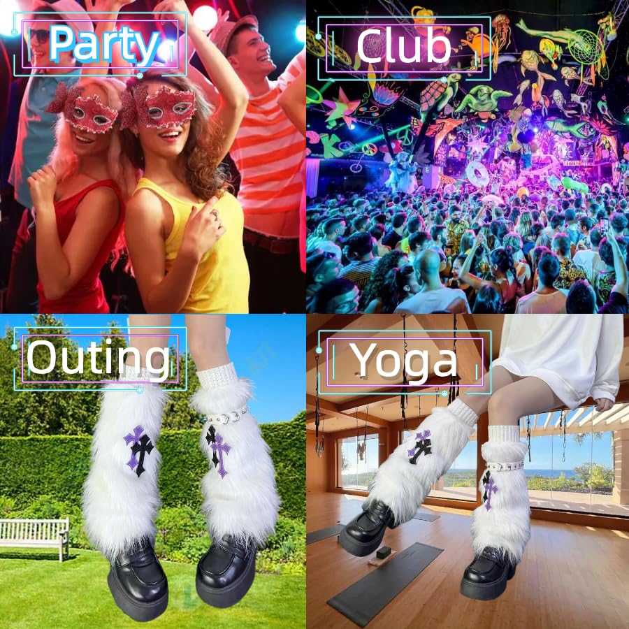 CHERSE Furry Leg Warmers for Women 3in1 Kawaii Star Bone Plush Y2K Leg Socks Pink Lolita Faux Fur 80s Harajuku Punk Gothic: White Cross 3in1