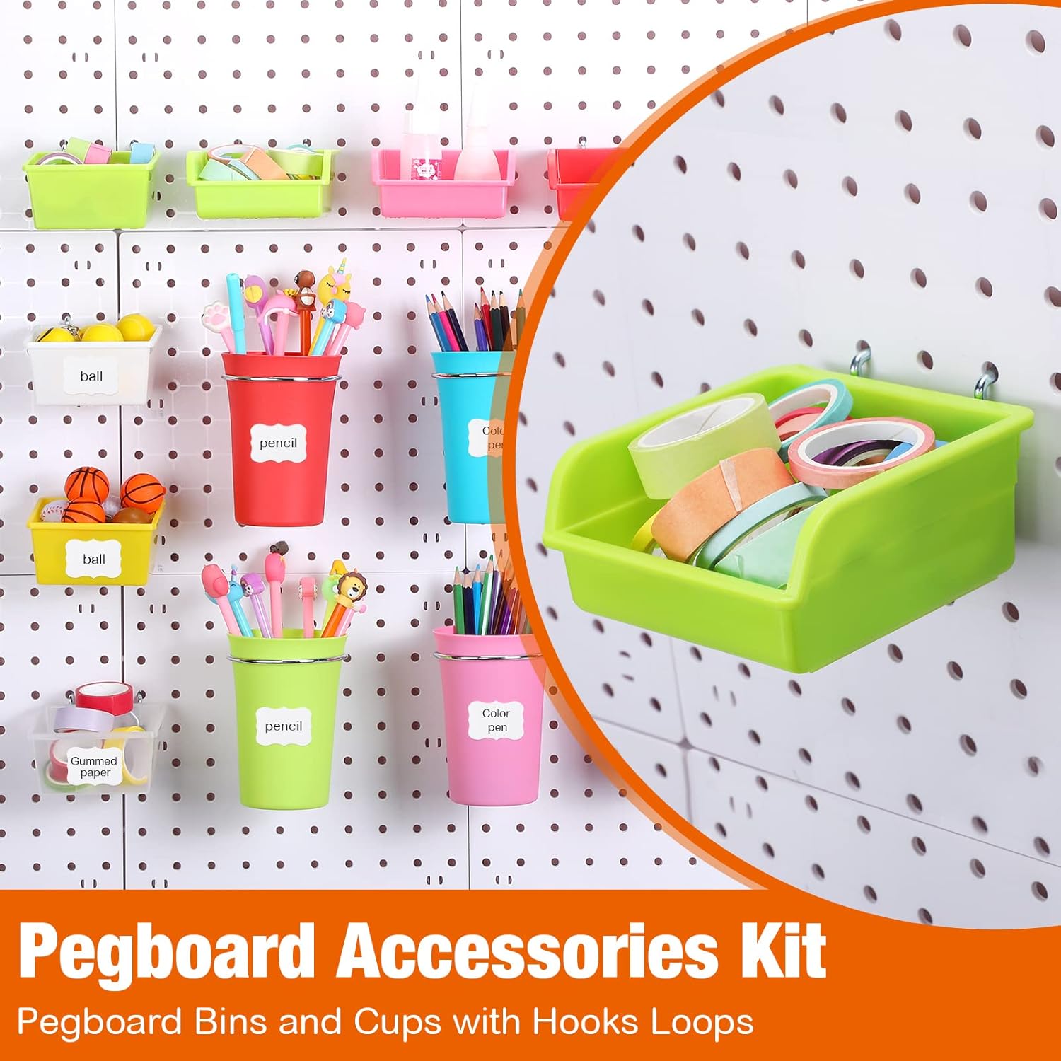 Sieral 64 Pieces Pegboard Bins Pegboard Cups with Hooks and Loops Peg Hooks Assortment Organizer Accessory for Organizing Accessories Tools Storage Office Workshop Garage Workbench (Colorful)