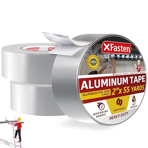 XFasten Cinta de papel de aluminio para conductos de 2 pulgadas x 165 pies (paquete de 3, 495 pies), cinta de aluminio de 3.6 mil para conductos,