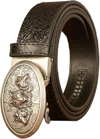 Mens Belts Leather, Western Cowboy Belt For Men With Wolf Head Pattern Alloy Decorative Buckle Retro Belt,Black,100CM/39.4