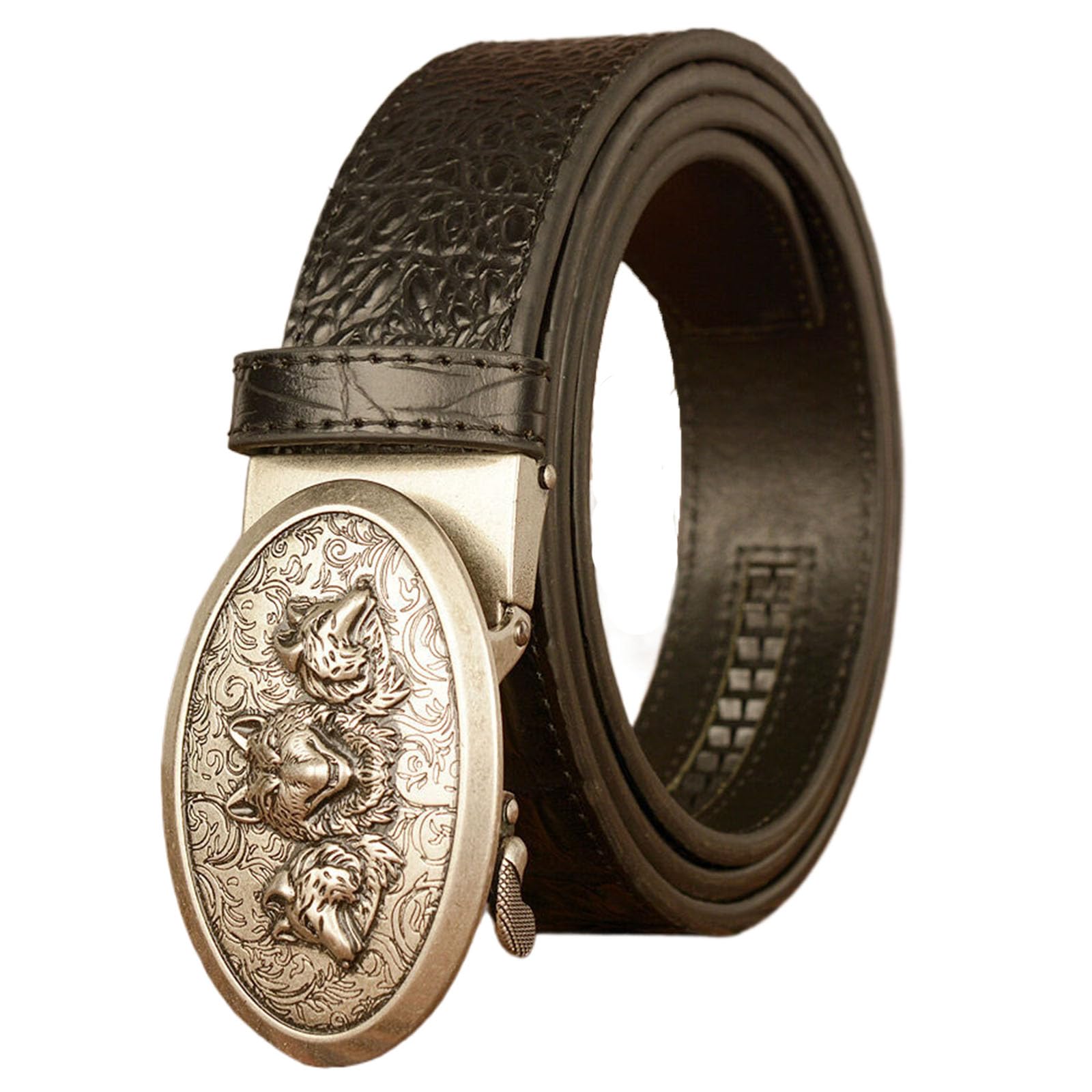 Wrjahcg Unisex Black B Belts For Men Ratchet, Mens Cowboy Western Leather Belt With Wolf Head Alloy Buckle Crocodile Embossed Belt,,110Cm/43.3''