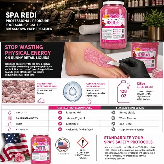 SPA REDI Professional Foot Scrub Gel Dual-Action Pedicure Treatment | Dual-Action Skin Transformation for Softer, Nourished Feet & Elevated Client Satisfaction (128oz Gallon)