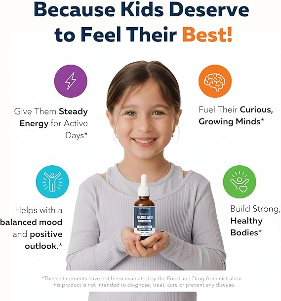 Organic FolinicActive Kids - Folinic Acid + B12, B6 & B2 Cofactors - Gentle Methylation Support for Mood, Energy & Cognition, Age Adjustable Dosing for Kids 1-18, Non GMO, Vegan, Berry Flavor (60mL)
