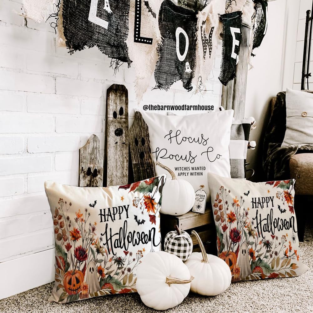 RABUSOFA Halloween Pillow Covers 18x18 inch Pumpkin Ghost Bat Decorative Throw Pillow Horror Wildflowers Couch Cushion Case Decorations for Sofa Bedroom Living Room Home Decor image 5