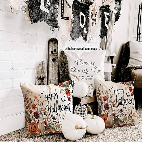Miniatura 5 de RABUSOFA Fundas de almohada de Halloween de 18 x 18 pulgadas, calabaza, fantasma, murciélago, almohada decorativa de flores silvestres de terror,
