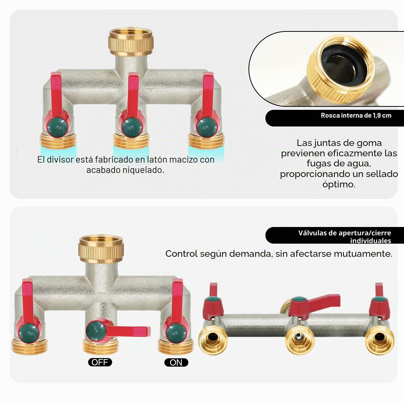 Divisor de Manguera de jardín de latón, Divisor de Grifo de 1/2 Pulgada y 3/4 Pulgada, Conector de Grifo de 3 vías con válvulas de Encendido/Apagado y Mango extendido, Adaptador de Grifo