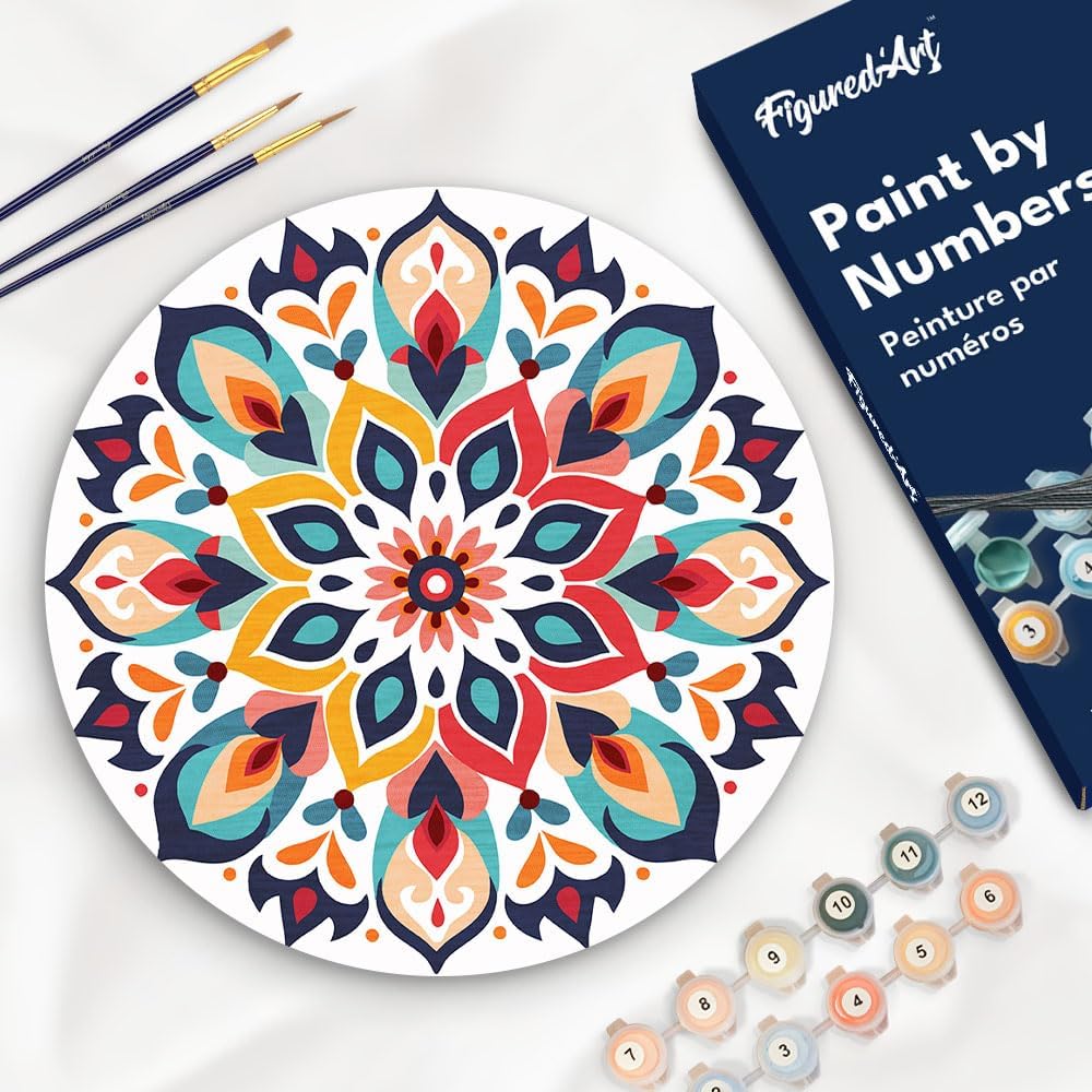 Figured'Art Paint by Numbers Kit for Adults on Wood Slice, 11.8in Diameter - Floral Mandala - Craft Art Painting DIY Canvas