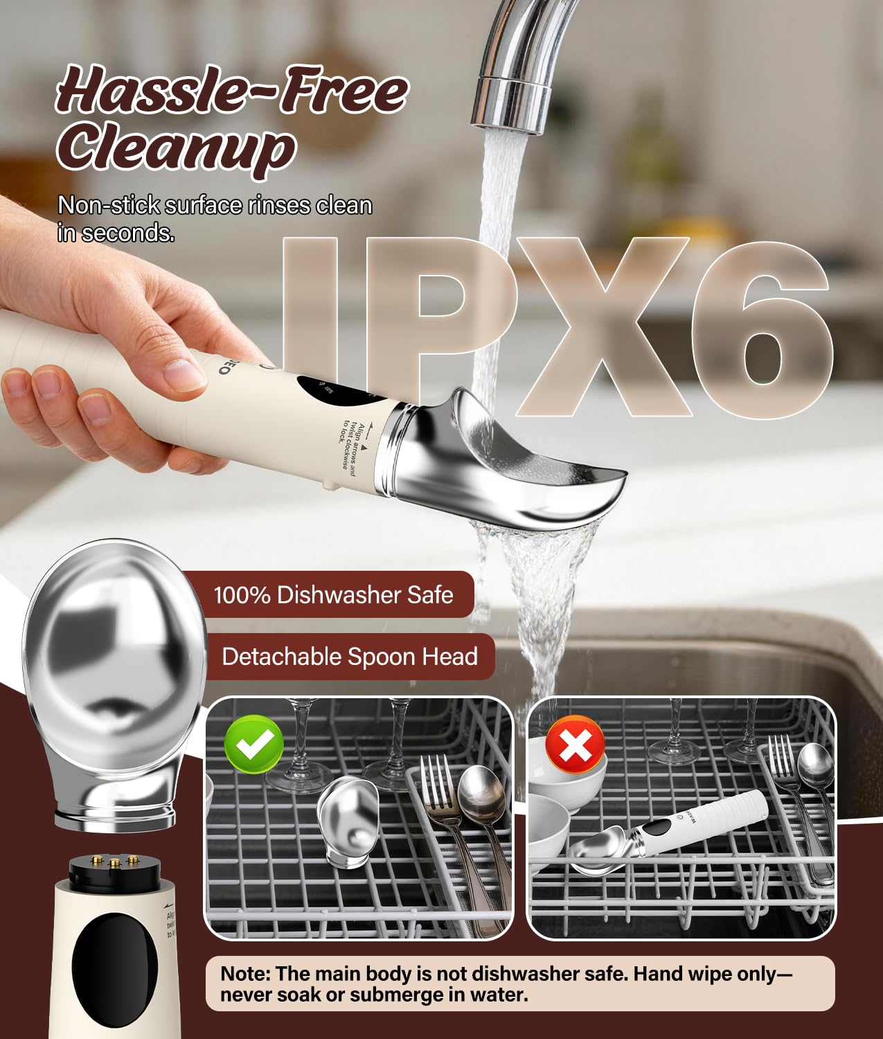 Cuillère à Glace Électrique, WADEO Cuillère à Crème Glacée Chauffante avec Écran LED, 4 niveaux de Chaleur 40-70°C & Étanche IP67, Tête Amovible Cuillère à Glace pour Prélever Facilement Glace Dure