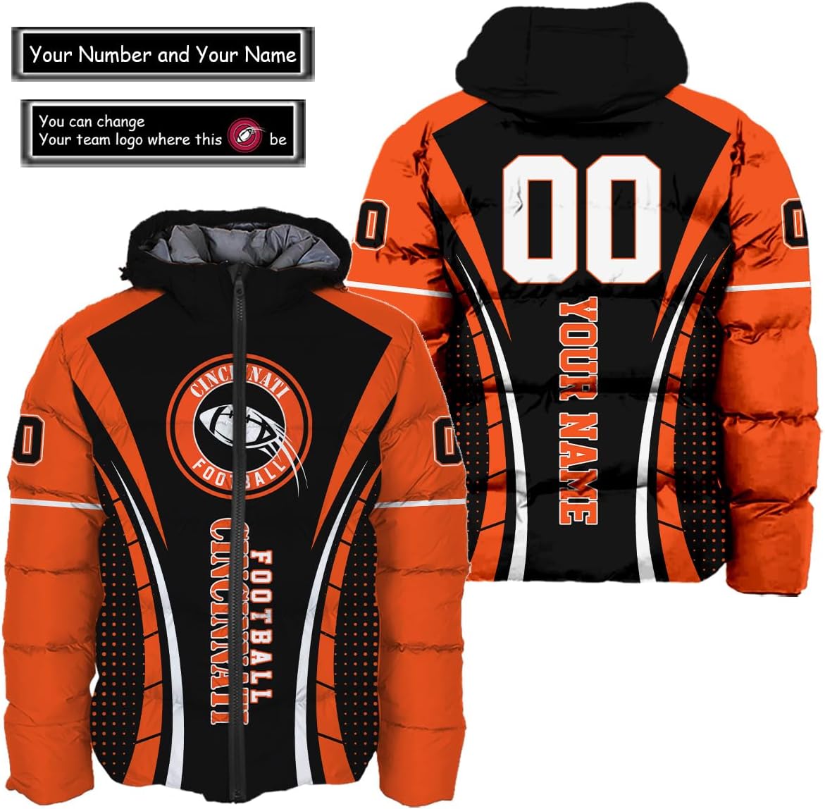 Personalized Cincinnati Football Team Bengals Men's Hooded Puffer Jacket