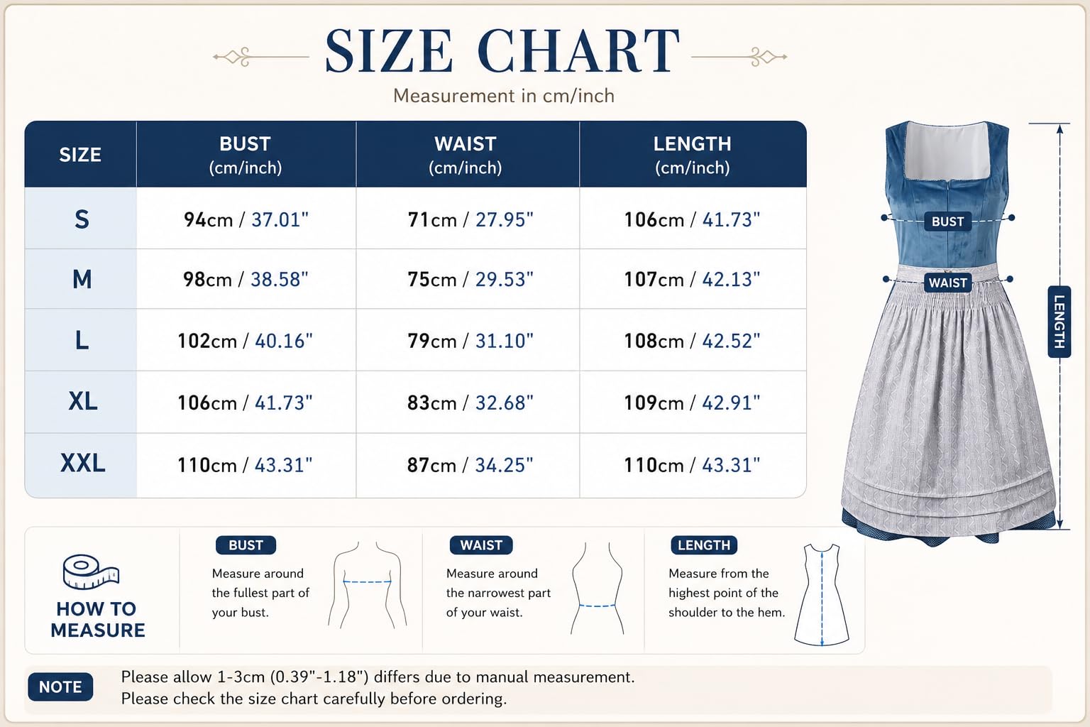 Didadihu Dirndl Damen Midi 2 Teilig mit Schürze,Dirndl Trachtenkleid Dirndlkleid Damen für Oktoberfest Wiesn Trachten Outfit