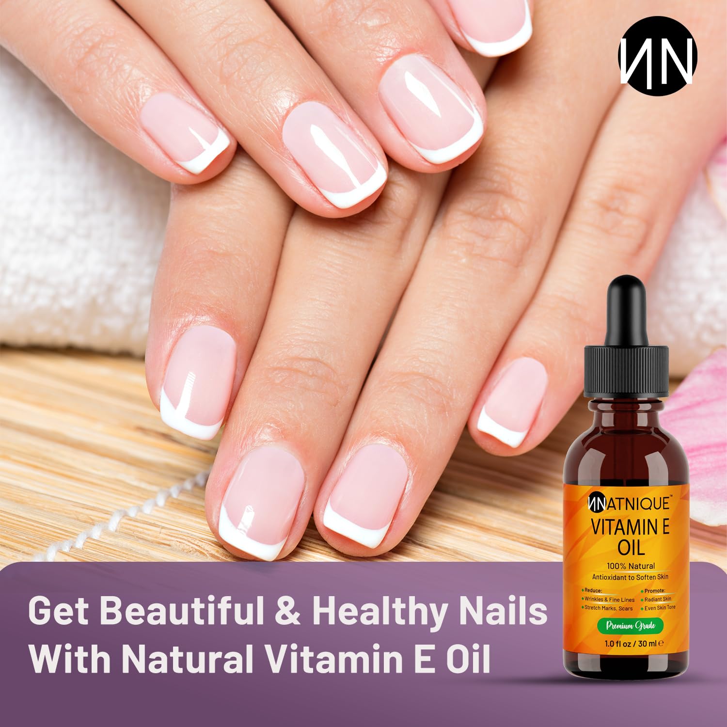 Natnique Vitamin E Oil 1 oz – Natural D-Alpha Tocopherol for Face, Skin, Hair & Nails – Pure, Non-GMO Moisturizer for Scars, Stretch Marks & Dry Skin – Cold-Pressed Carrier Oil for Body & Beauty Care