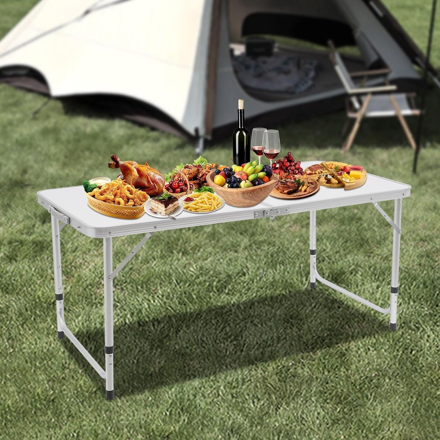 4 FT Folding Picnic Table, Outdoor Camping Table, Portable Folding Tables, 3-Level Adjustable Height Picnic Dining Desk Fold-in-Half for Camp Party Kitchen Indoor Outdoor