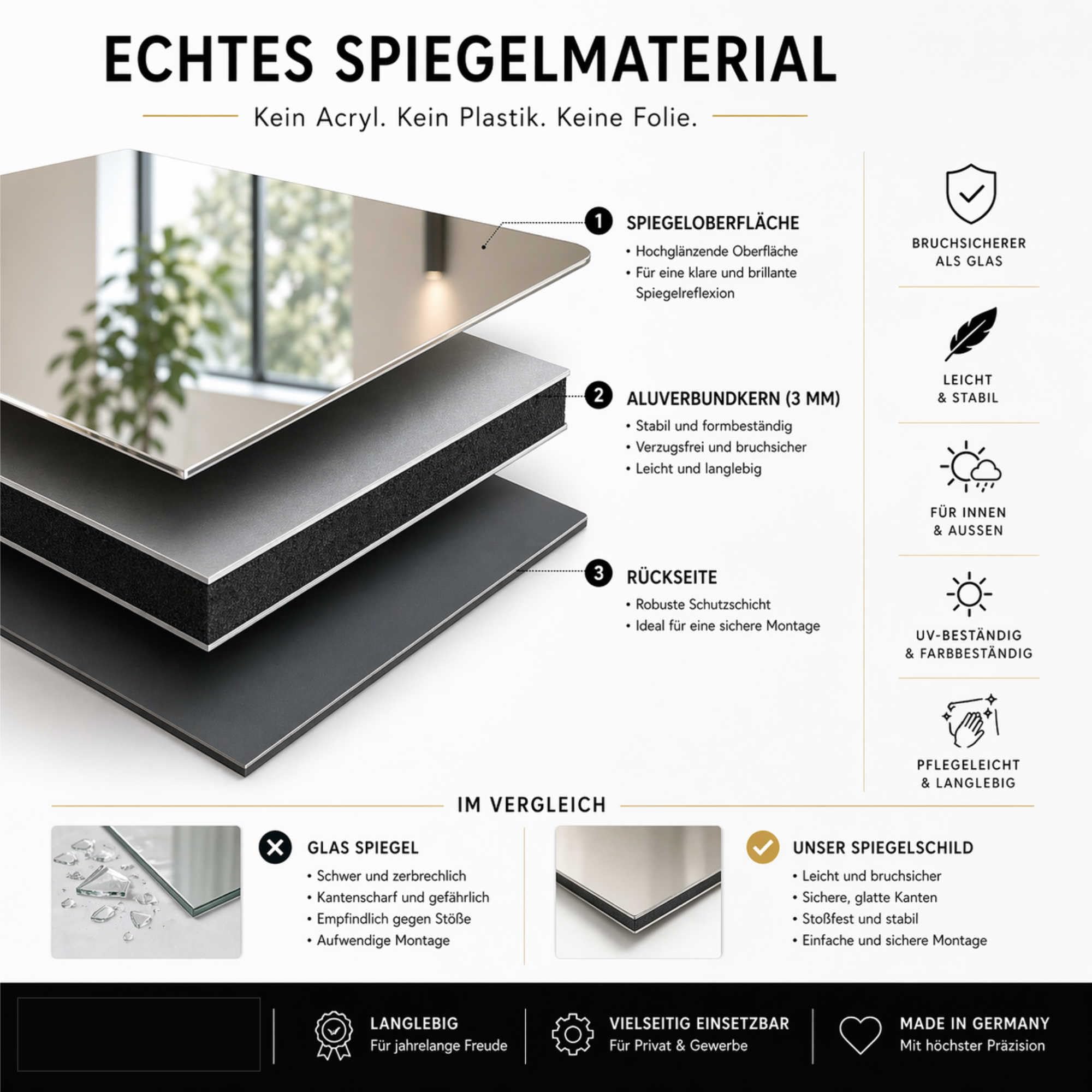 Schilder selbst gestalten - Spiegelschild personalisiert - 60x40 cm - Firmenschild mit Logo und Text - Türschild Büro Praxis Empfang - Aluverbundplatte 3 mm Spiegel