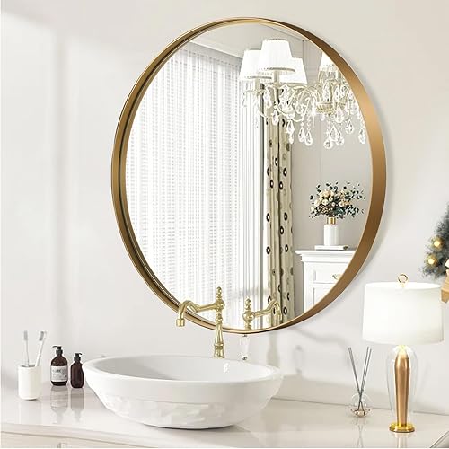 JENBELY Espejo redondo de 30 pulgadas, espejo de baño redondo dorado, espejo de tocador circular con marco de metal cepillado de alta calidad,