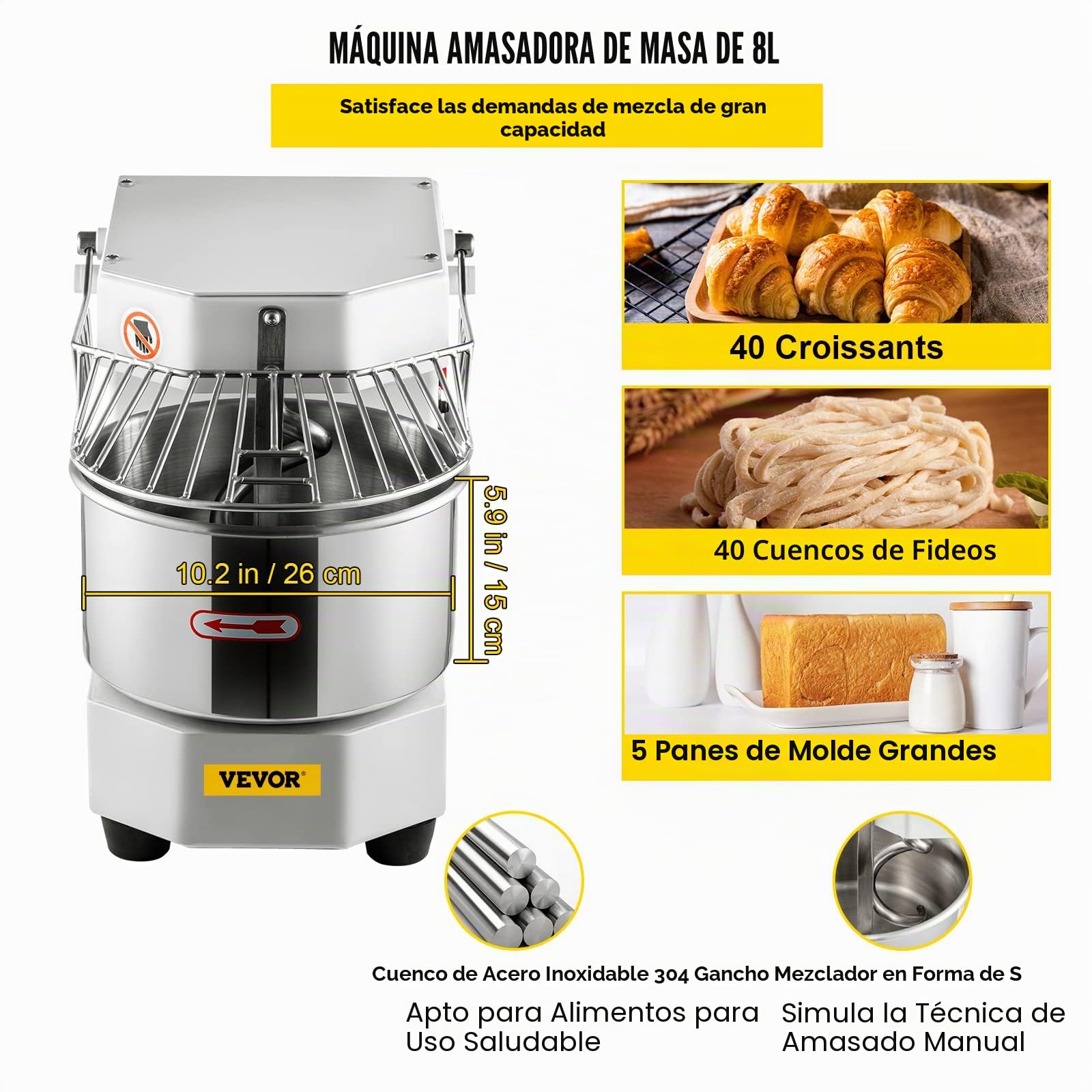 VEVOR Batidora de Cocina Comercial 8 L Batidora de Pie Comercial 159 r/min Amasadora de 550 W con Tazón de Acero Inoxidable Apto para Uso Alimentario para Restaurante Panadería 49,5 x 30,2 x 38,5 cm
