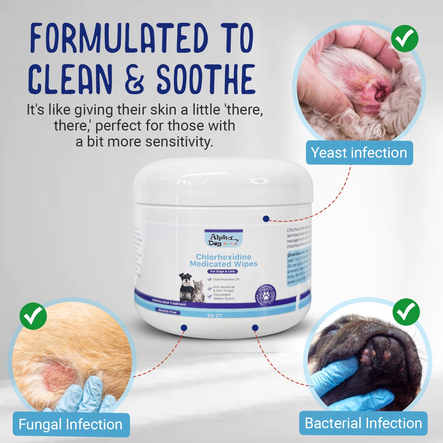 ALPHA DOG SERIES Chlorhexidine & Aloe Topical Medicated Wipes for Cleansing (50 ct) – Treats Hot Spots, Allergies, Rashes – Lightly Scented – for Cats & Dogs - image 6