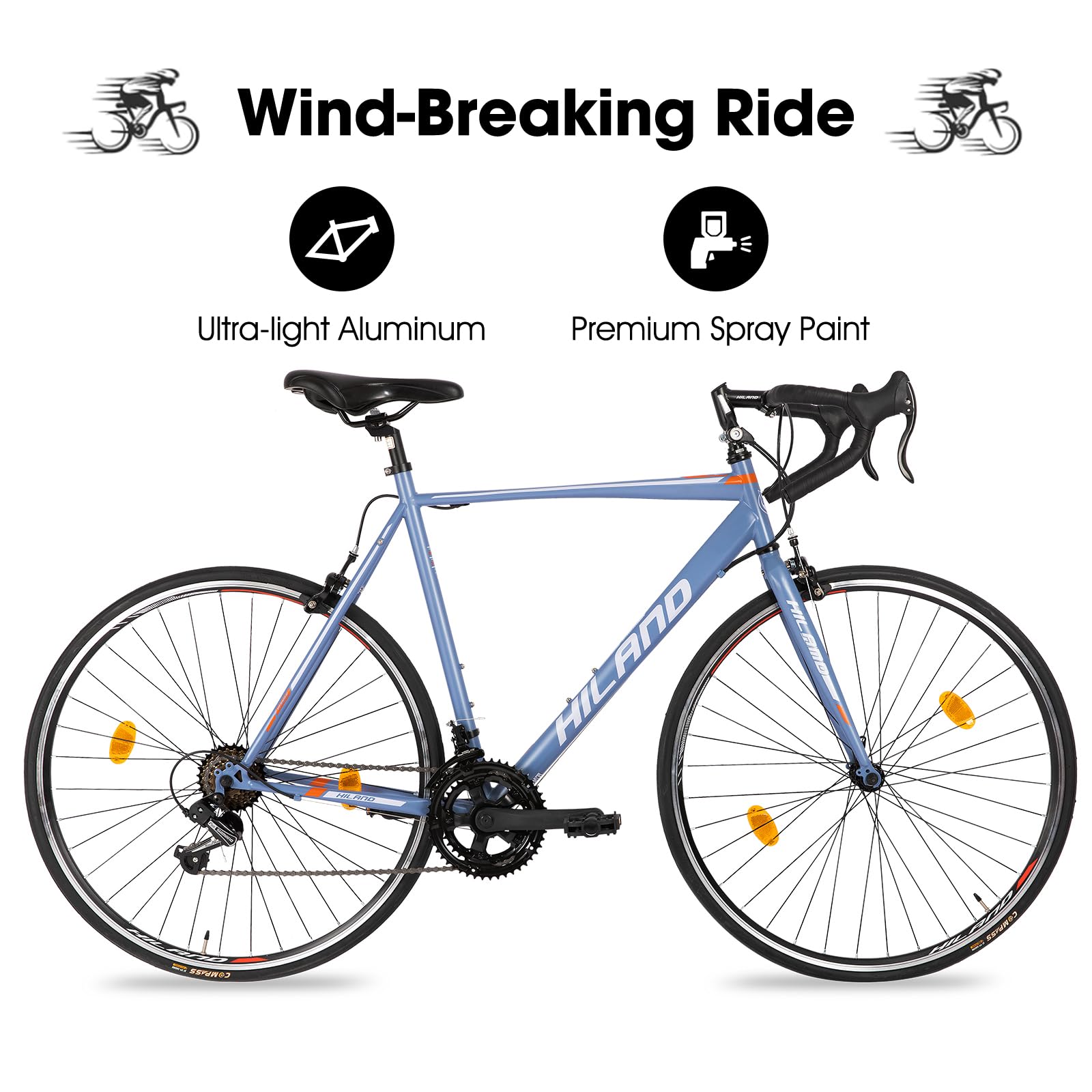 Hiland Bicicleta de Carretera 700C con Cambio 14 Velocidades, Azul/Negro/Plateado, Talla S/M/L, Bicicleta de Carreras 28 Pulgadas para Hombre y Mujer con Marco de Acero y Freno de Caliper