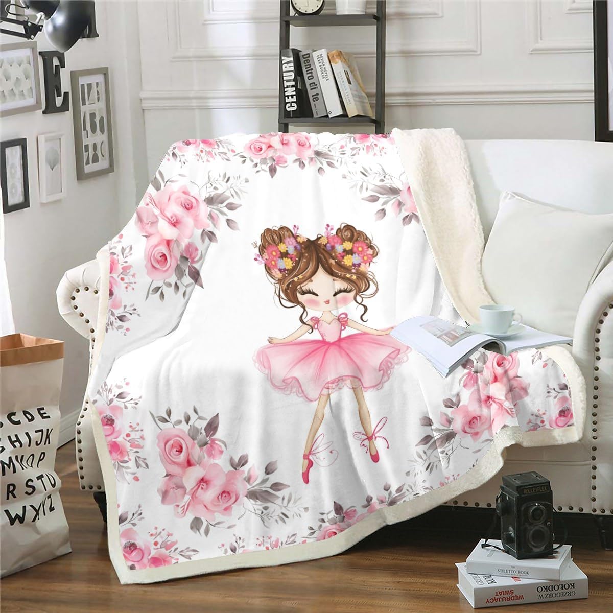 Erosebridal Pink Ballet Theme Throw Blanket, 60"X80", Microfiber, Girls Kids Ballerina Design