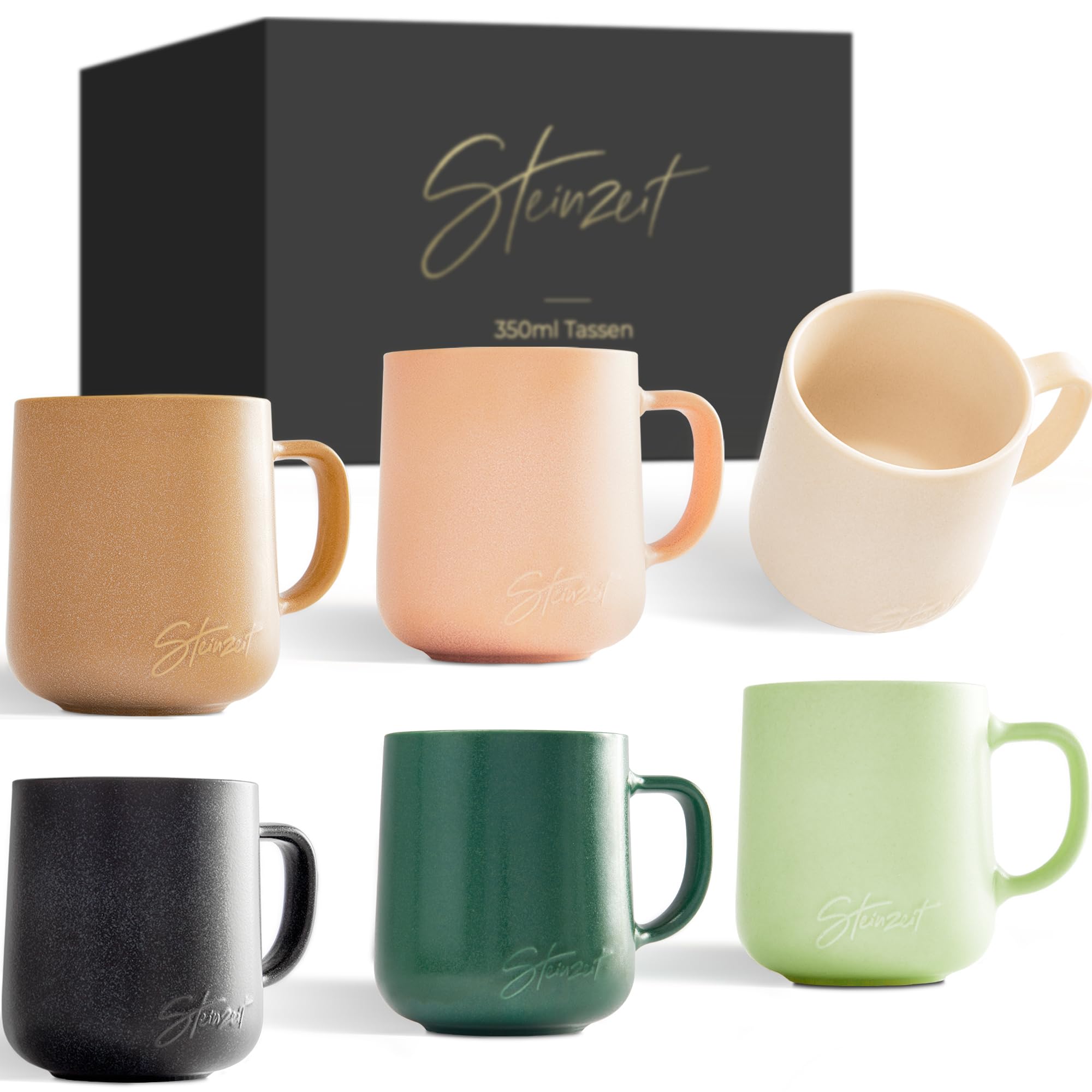 Steinzeit Tazas de café (6x350 ml) – Tazas desayuno 100% artesanales – Juego de 6 tazas con colores pasteles únicos – Tazas cafe grande de 350 ml apta para cualquier bebida amz