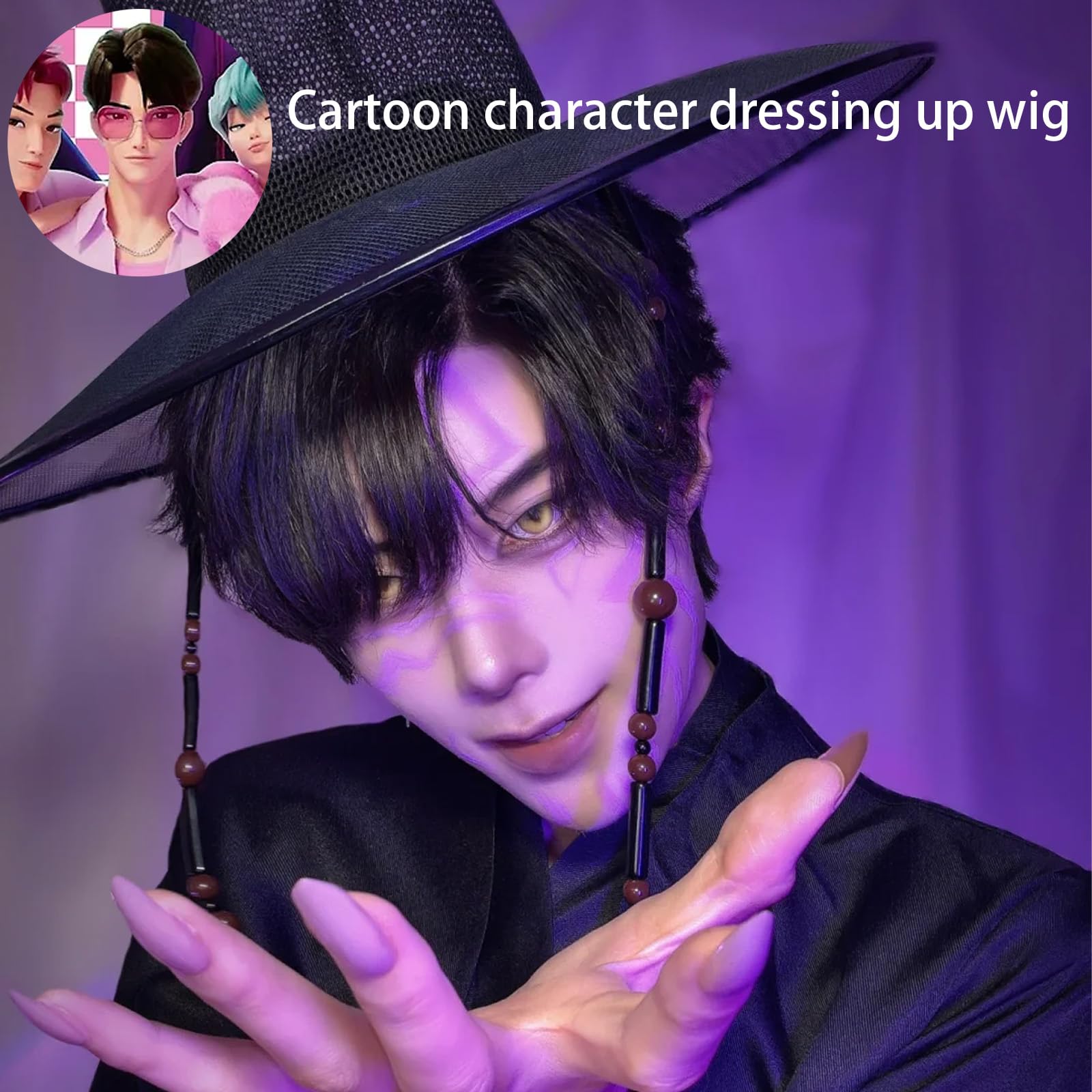 CWENDANER Cosplay Black Wig per Unisex (25 cm), Halloween Carnevale Convention Party Decorazione e Dolce Regalo per gli Appassionati di