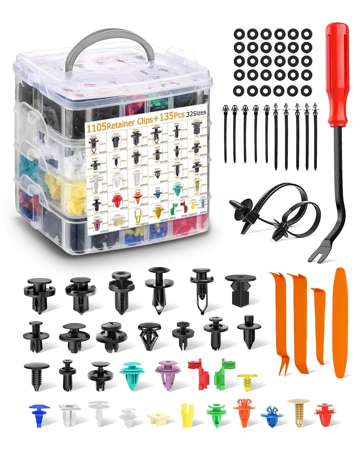 1240Pcs Car Retainer Clips & Body Clips Kit-32 Popular Sizes Nylon Bumper, Fender Rivets, Door Panel Clips, Plastic Rivets with 10 Cable Ties & Remover Tool for Toyota GM Ford Honda Chrysler