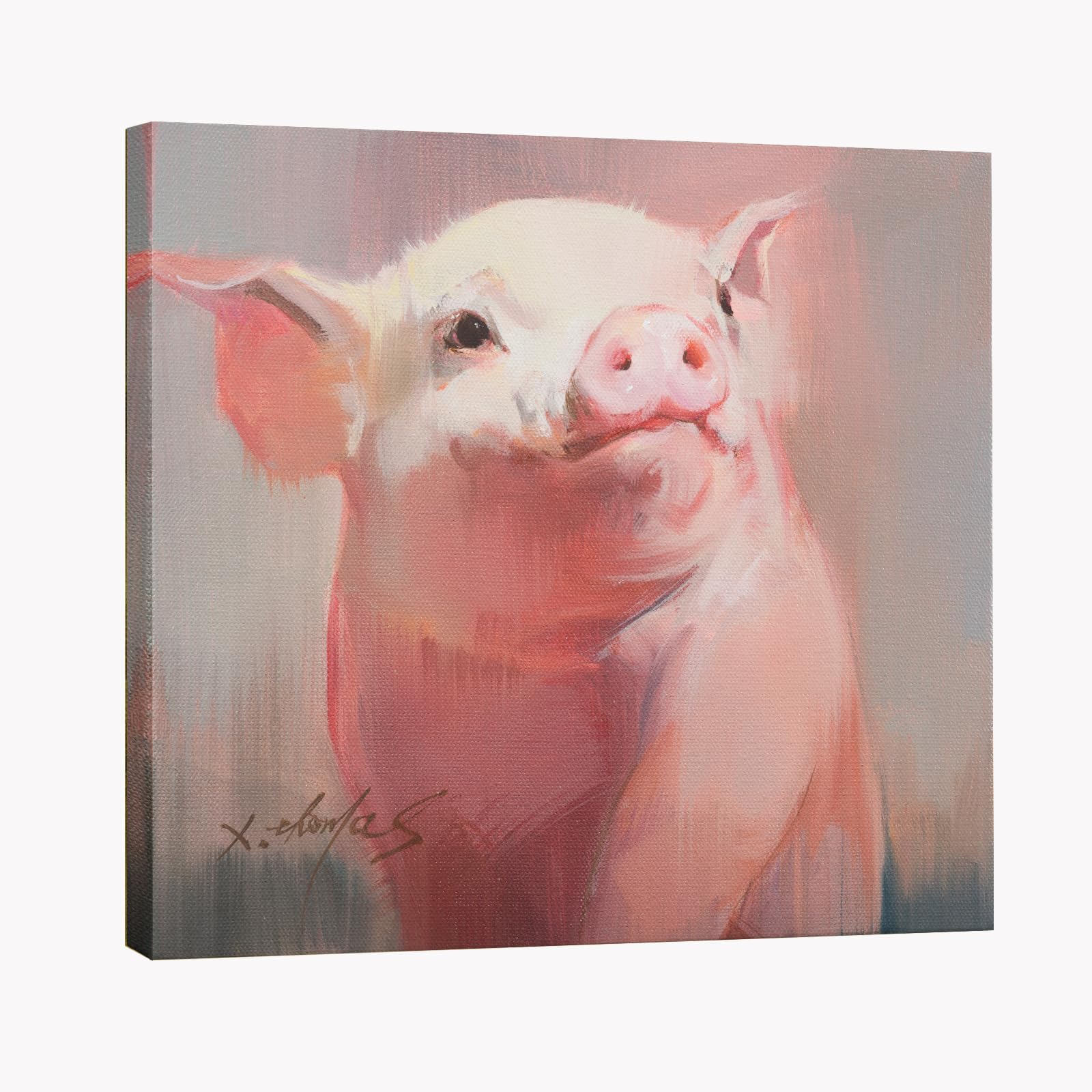 JZLDZS Cute Pink Pig Wall Art for Bathroom Nursery Decor, 12x12 Inch Ready to Hang Framed Farm Animal Canvas Print for Pig Lovers