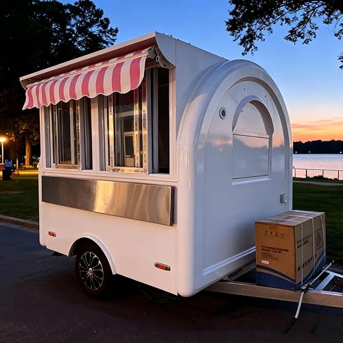 Small Towable Mobile Food Trailer with Refrigerator, Lockable Storage, Compliant Utility, Commercial Catering Cart, Multifunctional for BBQ, Snacks & Beverage Sales