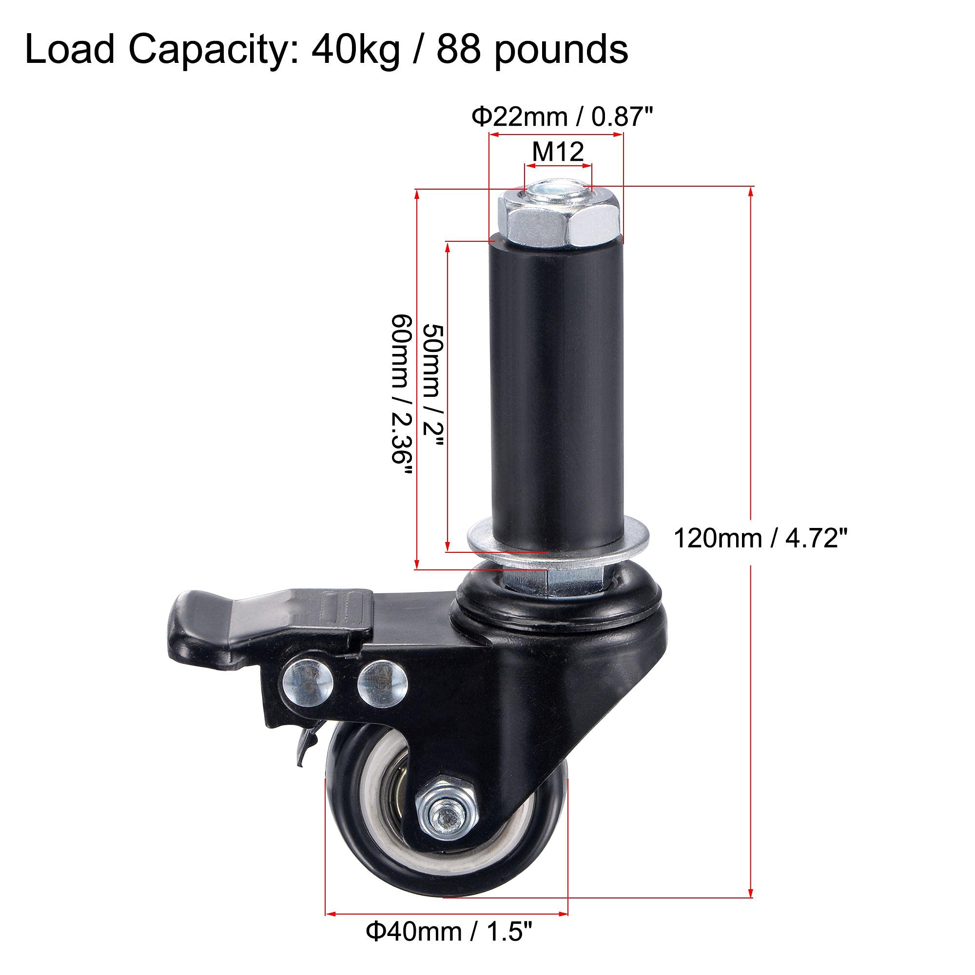 sourcing map Ruote girevoli espandibili con freno, diametro 3,8 cm, adatte per tubi da 7/8", capacità di carico 39,9 kg, per tavoli da cucina, PVC, confezione da 4