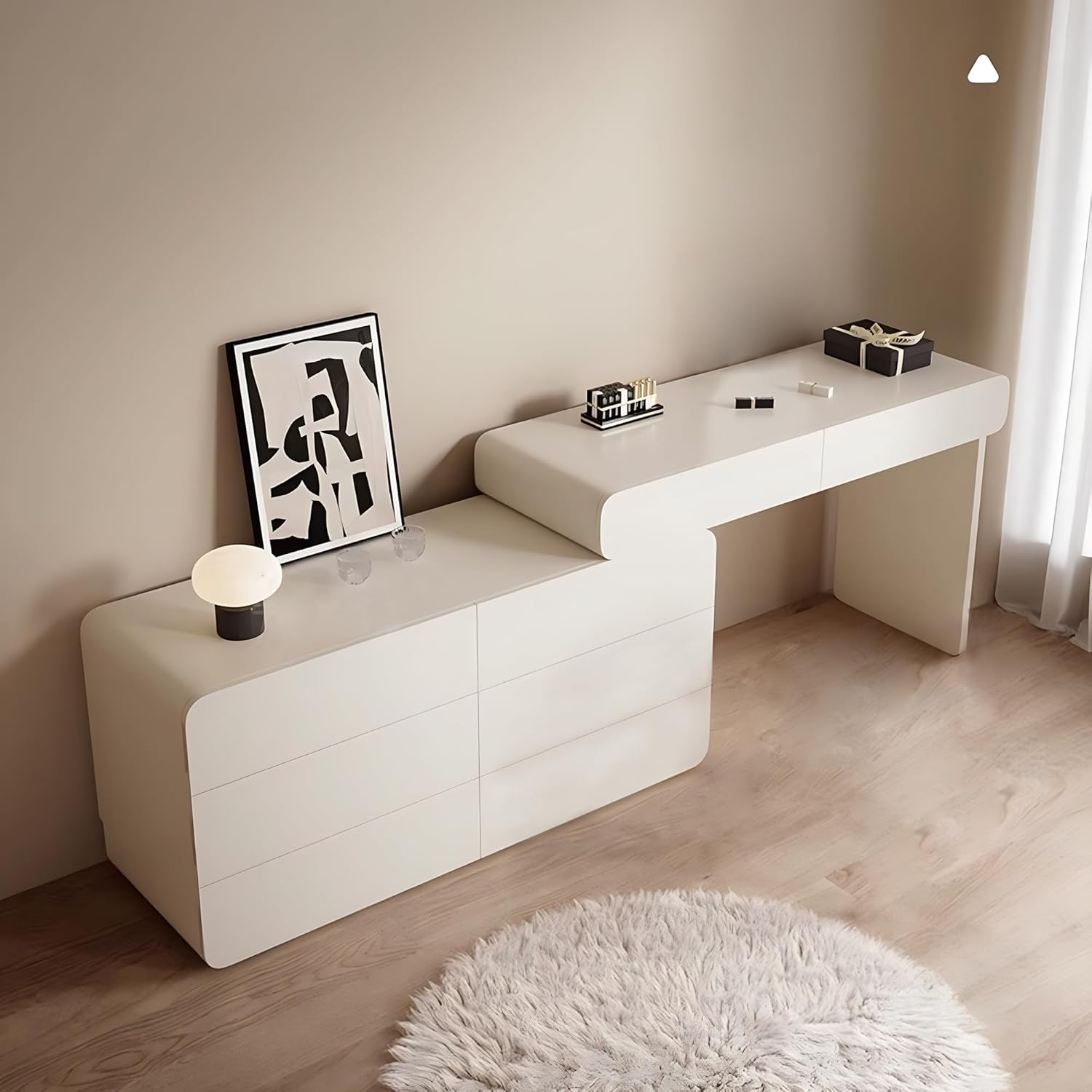 L-Shaped 6 Drawer Vanity Dresser Combo, Fully Assembled Extendable Makeup Desk, Modern Dressing Table for Bedroom, Rotatable Corner Vanity with Storage (White & 8 Drawer)