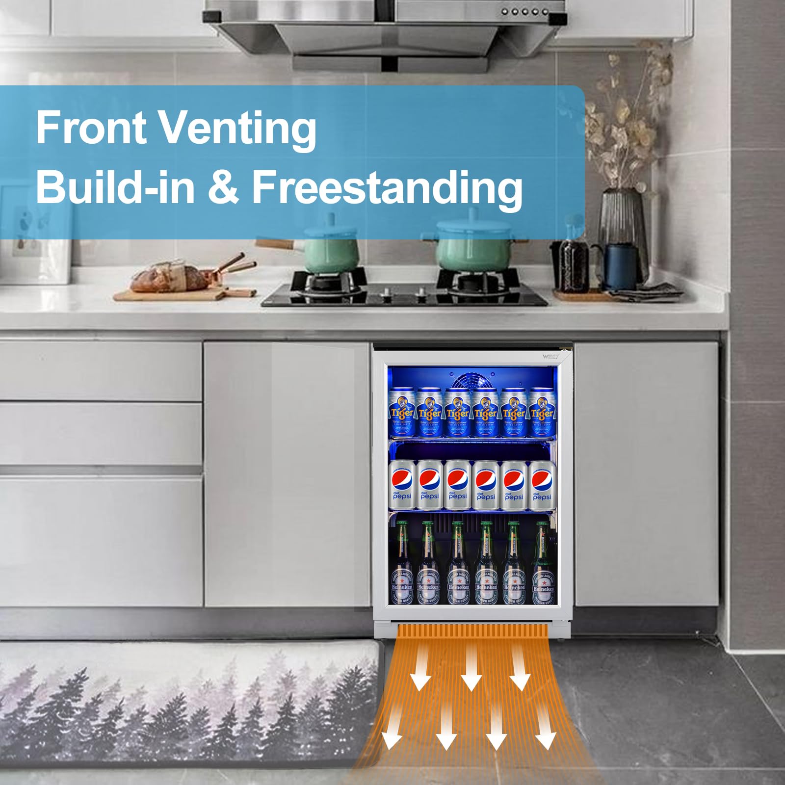 Weili 20 Inch Built in Beverage Refrigerator with Lock, Under Counter or Freestanding 120 Can Soda Beer Drink Cooler Fridge with Stainless Steel and Glass Door on Fridge.com