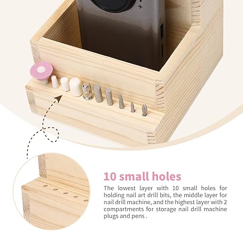 Miniatura 2 de Máquina de taladro de uñas de madera y caja de almacenamiento de brocas (grande), organizador ecológico duradero para herramientas de manicura,