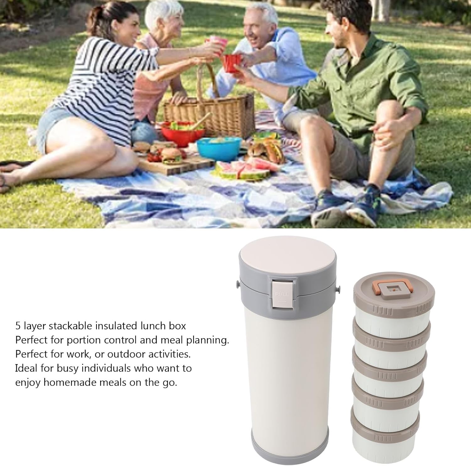 Fockety Portable Insulated Lunch Container, 3.4L Stainless Steel 5 Layer Stackable Insulated Lunch Box Leakproof Insulated Food Jar Lunch Box with Strap for Work, Freshness Locking