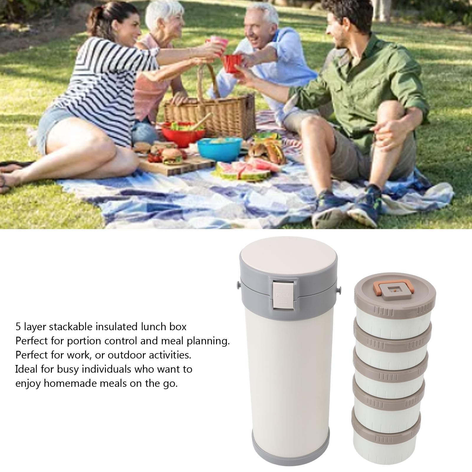 Tyenaza Tarro isotérmico para alimentos de 3,4 L, acero inoxidable, Lunch Box isotérmica apilable de 5 capas, con correa, a prueba de fugas, apta para microondas, conserva la fresc