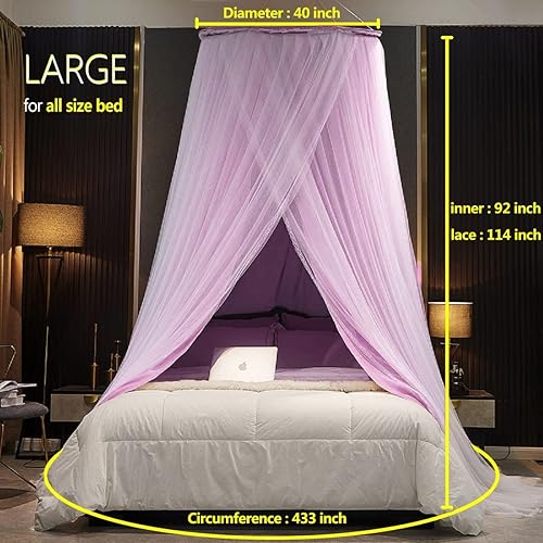 Vista 41 de Kertnic Toldo de cama de lujo para niñas y adultos, toldo de princesa de doble capa con encaje, mosquitera de cúpula redonda para tienda de campaña