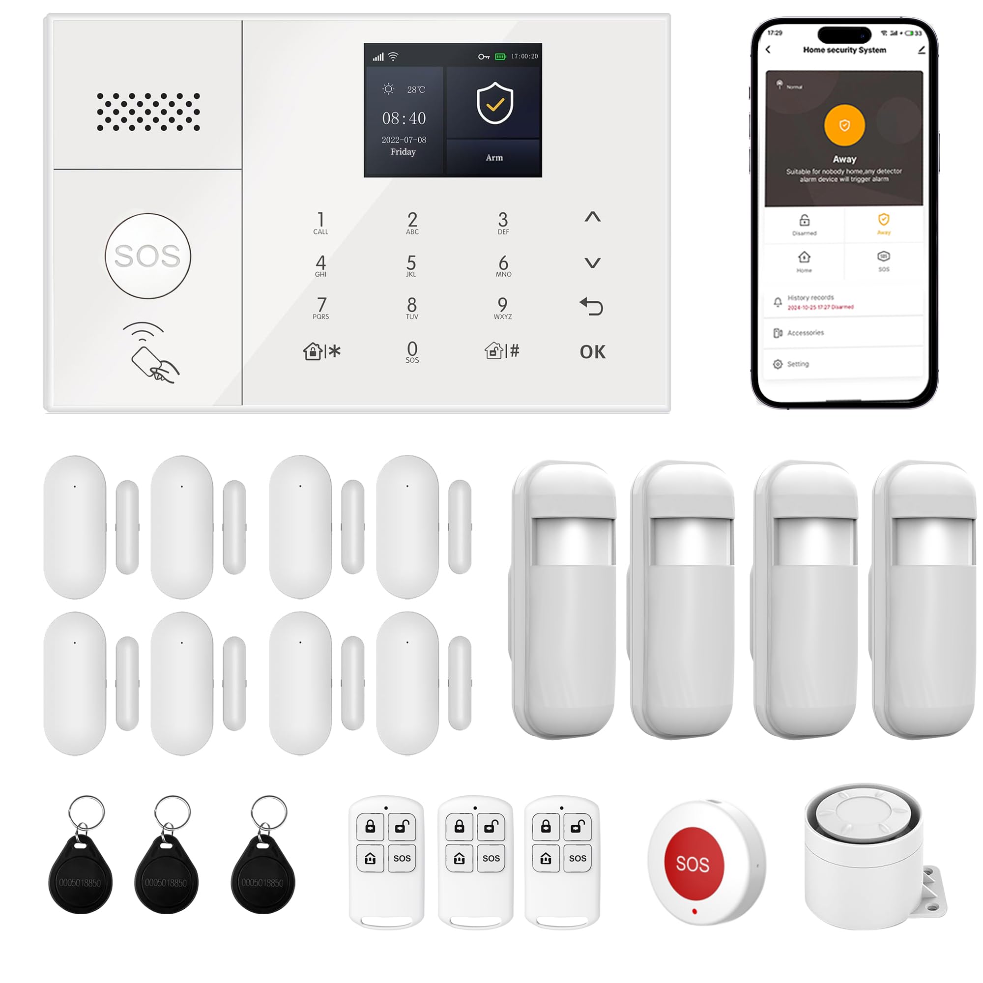 Hausalarmanlage, Alarmanlage, Bewegungsmelder, Tür-/Fenstersensoren, SOS-Tasten, Fernbedienung, Einbruchschutz für Haus (24 kit Set)