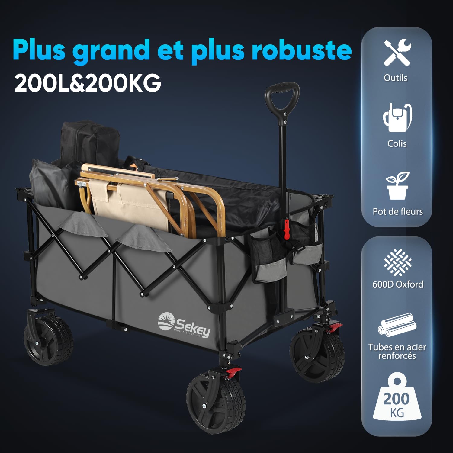 Sekey XXL Plus Chariot de Jardin Pliable avec Freins 200L 150KG, Chariot de Transport Tout-Terrain avec Roues Extra Larges, Pliable Breveté dans Quatre Directions SE4011, Anthracite