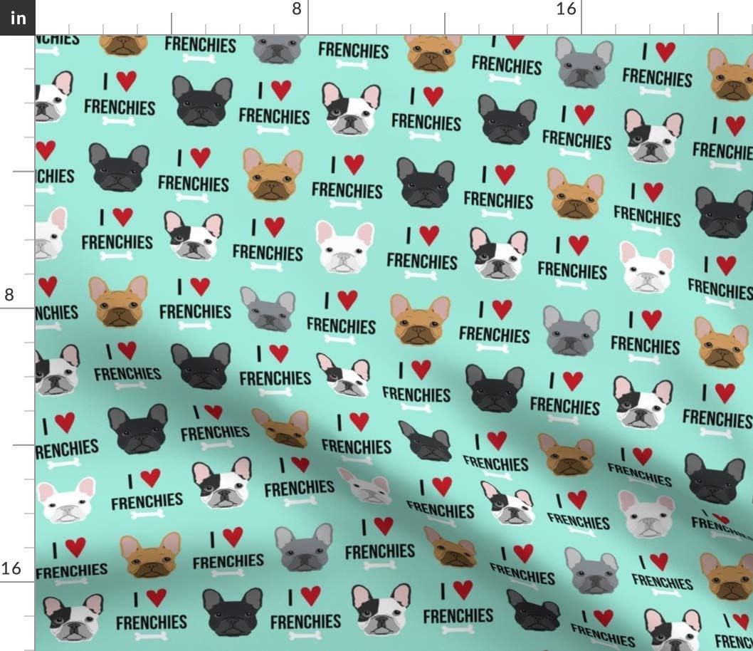 Spoonflower Fabric - Frenchie, Dog, Love, French Bulldogs, Aqua, Bulldog, Pet Printed on Cotton Poplin Fabric by The Yard - Sewing Shirting Quilting Dresses Apparel Crafts