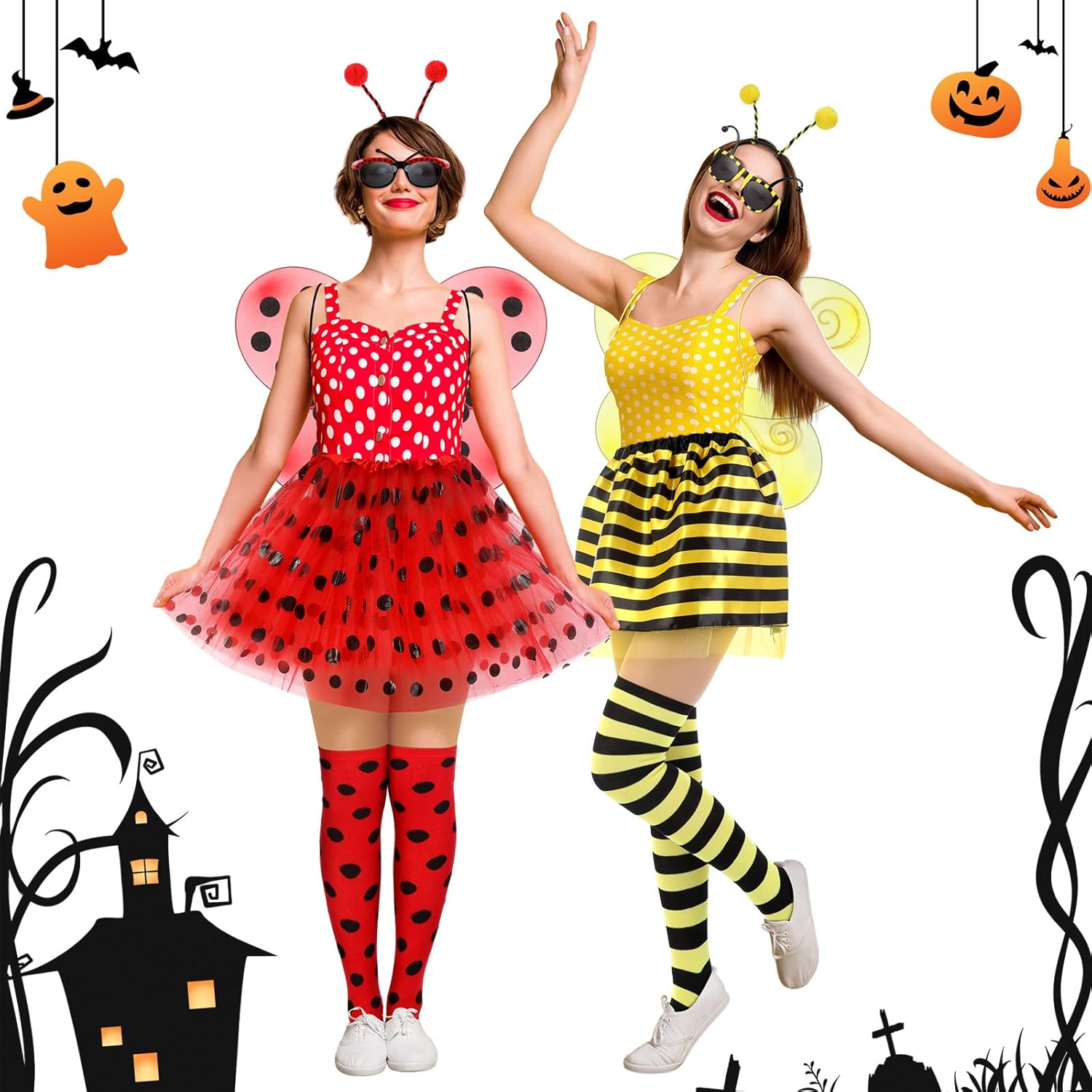 10 Pcs Halloween Bee and Ladybug Costume Set for Adults Include Tutu Skirt Wings Headband Glasses Knee High Socks for Women Bug Insect Party Halloween Cosplay Ladybug Bee Accessories - Image 7