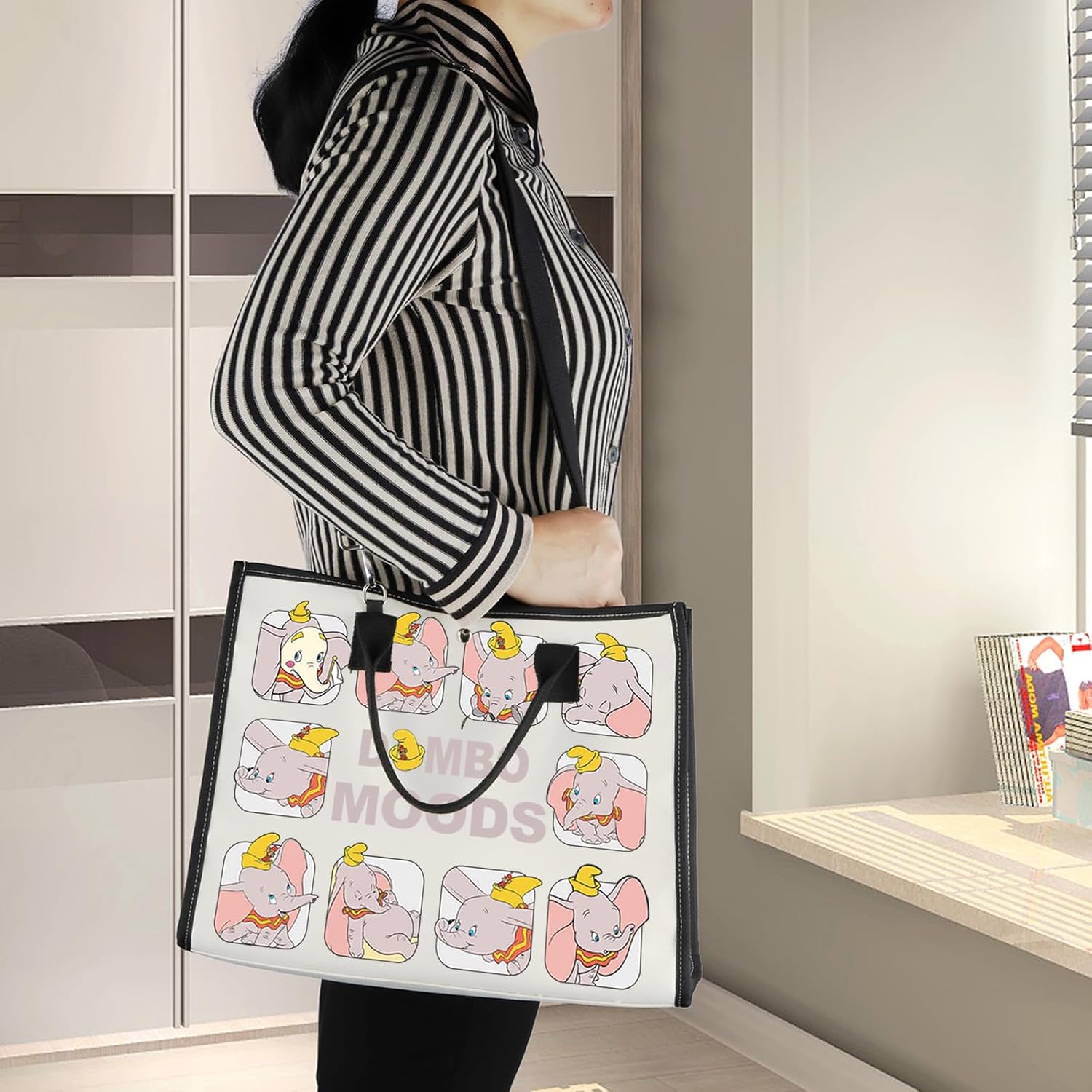 BWWKTOP Elephant Dumbo Tote Bag Dumbo Cartoon Inspired Gift Flying Elephant Dumbo Moods Shoulder Bag Bag For Movie Fans (Dumbo Moods Bg)