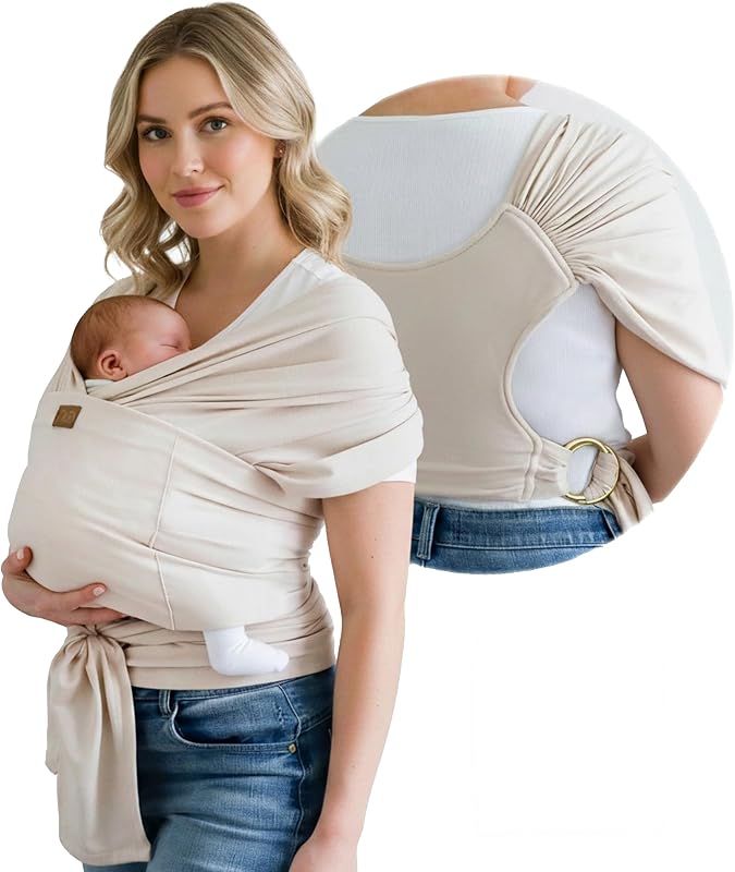 TAB Baby Wrap Ring Sling Carrier, Newborn to Toddler, Adjustable Ergonomic Design for Mom & Dad, Soft Breathable One-Handed Nursing Cover, Baby Shower & Registry Gift, Beige & Gold Rings