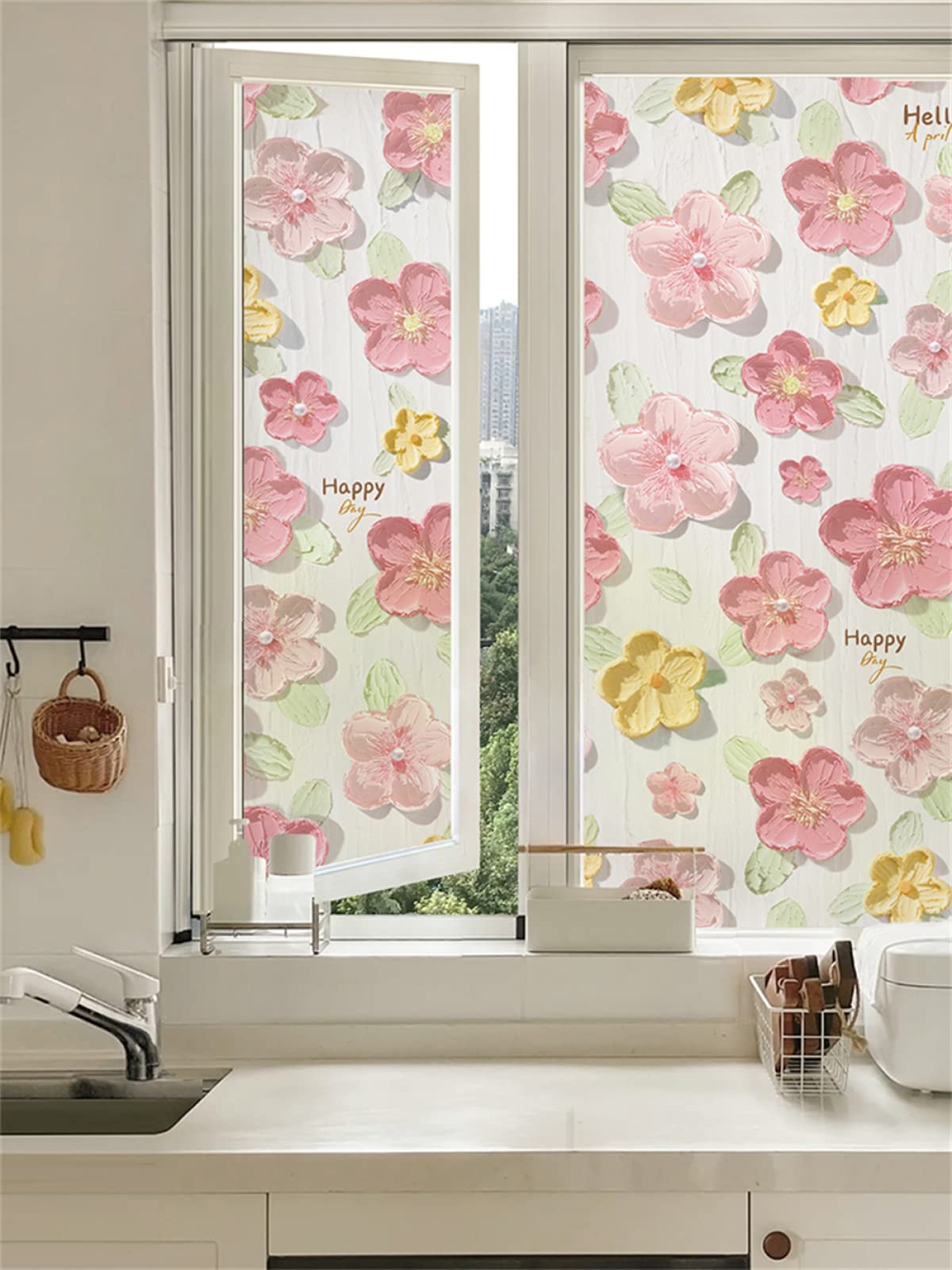 Fensterfolie 90 x 200 cm Fensterfolie Sichtschutz Selbsthaftend Rückstandslose Rosa gelbe Blumen 3D Dekofolie Statisch Anti-UV für Badezimmer Schlafzimmer Küche Büro Wohnzimmer
