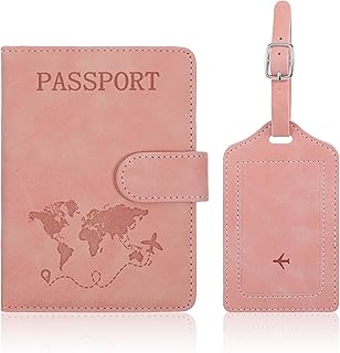 Passport Holder with Leather Luggage Tags, Waterproof RFID Blocking Passport Holder, Passport Wallet Cover Case Travel Must Haves Accessories Leather Passport Book Holders for Women and Men (Pink)